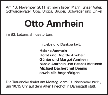 Traueranzeige von Otto Amrhein von Darmstädter Echo, Odenwälder Echo, Rüsselsheimer Echo, Groß-Gerauer-Echo, Ried Echo