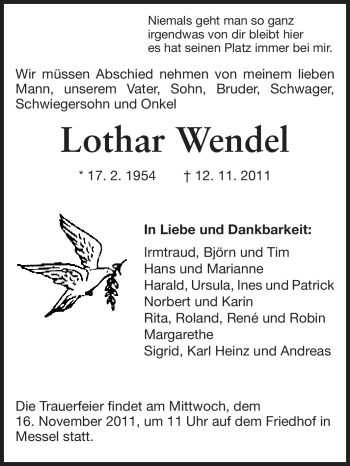 Traueranzeige von Lothar Wendel von Echo-Zeitungen (Gesamtausgabe)