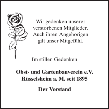 Traueranzeige von Mitglieder Obst- und Gartenbauverein Rüsselsheim von Rüsselsheimer Echo, Groß-Gerauer-Echo, Ried Echo