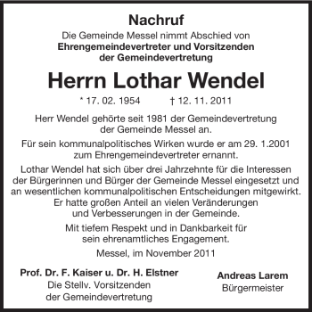 Traueranzeige von Lothar Wendel von Echo-Zeitungen (Gesamtausgabe)