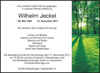 Traueranzeige von Wilhelm Jeckel von Odenwälder Echo