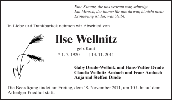 Traueranzeige von Ilse Wellnitz von Echo-Zeitungen (Gesamtausgabe)