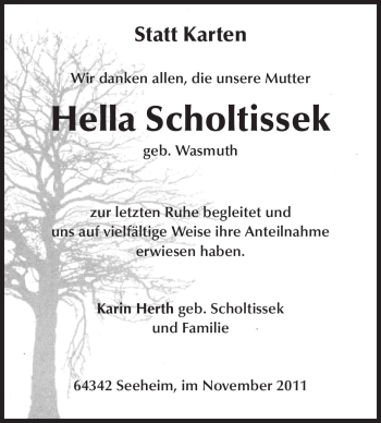 Traueranzeige von Hella Scholtissek von Echo-Zeitungen (Gesamtausgabe)