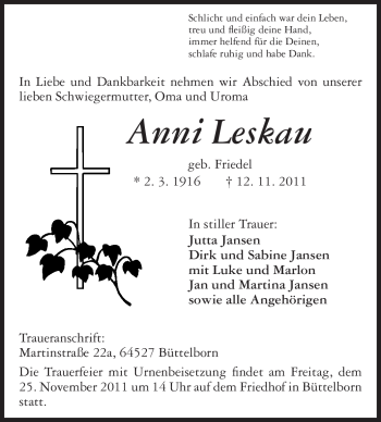 Traueranzeige von Anni Leskau von Odenwälder Echo