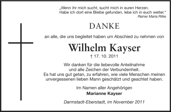 Traueranzeige von Wilhelm Kayser von Echo-Zeitungen (Gesamtausgabe)