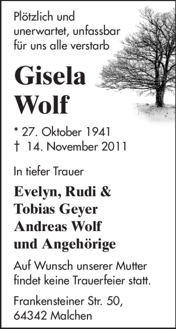 Traueranzeige von Gisela Wolf von Echo-Zeitungen (Gesamtausgabe)