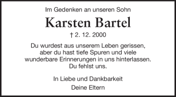 Traueranzeige von Karsten Bartel von Darmstädter Echo, Odenwälder Echo, Rüsselsheimer Echo, Groß-Gerauer-Echo, Ried Echo