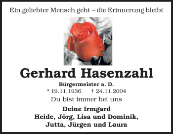 Traueranzeige von Gerhard Hasenzahl von Rüsselsheimer Echo, Groß-Gerauer-Echo, Ried Echo