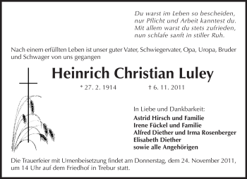 Traueranzeige von Heinrich Christian Luley von Rüsselsheimer Echo, Groß-Gerauer-Echo, Ried Echo