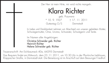 Traueranzeige von Klara Richter von Darmstädter Echo, Odenwälder Echo, Rüsselsheimer Echo, Groß-Gerauer-Echo, Ried Echo