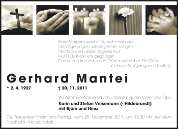 Traueranzeige von Gerhard Mantei von Echo-Zeitungen (Gesamtausgabe)