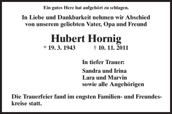 Traueranzeige von Hubert Hornig von Darmstädter Echo, Odenwälder Echo, Rüsselsheimer Echo, Groß-Gerauer-Echo, Ried Echo