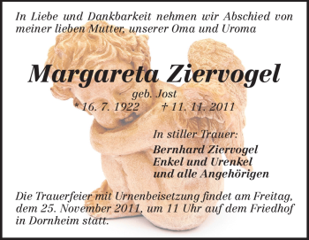 Traueranzeige von Margareta Ziervogel  von Rüsselsheimer Echo, Groß-Gerauer-Echo, Ried Echo