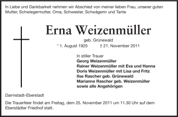 Traueranzeige von Erna Weizenmüller von Echo-Zeitungen (Gesamtausgabe)