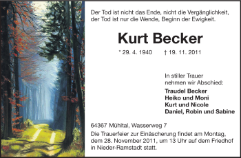 Traueranzeige von Kurt Becker von Echo-Zeitungen (Gesamtausgabe)