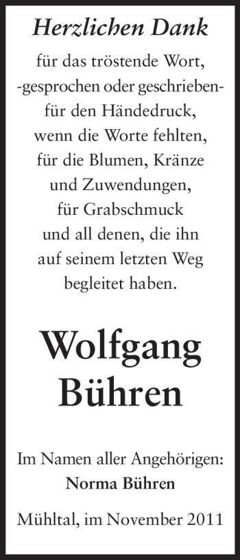 Traueranzeige von Wolfgang Bühren von Echo-Zeitungen (Gesamtausgabe)