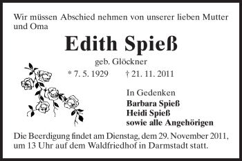 Traueranzeige von Edith Spieß von Darmstädter Echo, Odenwälder Echo, Rüsselsheimer Echo, Groß-Gerauer-Echo, Ried Echo