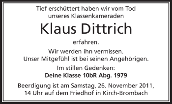 Traueranzeige von Klaus Dittrich von Odenwälder Echo