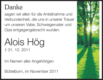 Traueranzeige von Hög Alois von Rüsselsheimer Echo, Groß-Gerauer-Echo, Ried Echo