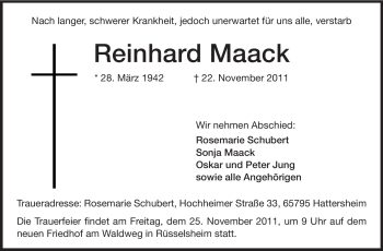 Traueranzeige von Reinhard Maack von Rüsselsheimer Echo, Groß-Gerauer-Echo, Ried Echo