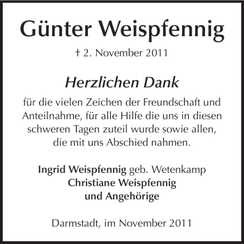 Traueranzeige von Günter Weispfennig von Echo-Zeitungen (Gesamtausgabe)