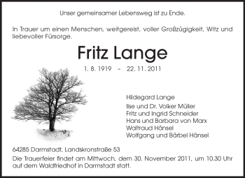 Traueranzeige von Fritz Lange von Darmstädter Echo, Odenwälder Echo, Rüsselsheimer Echo, Groß-Gerauer-Echo, Ried Echo