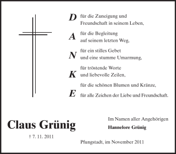 Traueranzeige von Claus Grünig von Echo-Zeitungen (Gesamtausgabe)