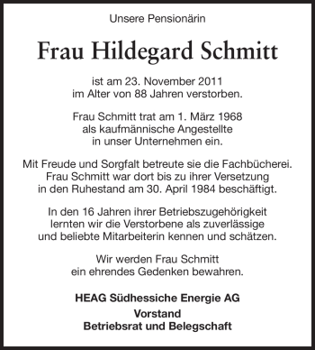Traueranzeige von Hildegard Schmitt von Echo-Zeitungen (Gesamtausgabe)