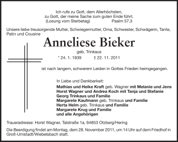 Traueranzeige von Anneliese Bieker von Echo-Zeitungen (Gesamtausgabe)