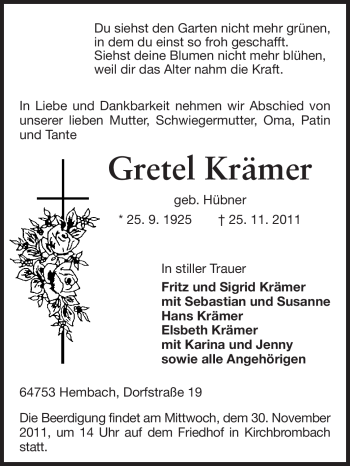 Traueranzeige von Gretel Krämer von Odenwälder Echo