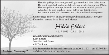 Traueranzeige von Hilde Ehlert von Rüsselsheimer Echo, Groß-Gerauer-Echo, Ried Echo