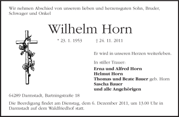 Traueranzeige von Wilhelm Horn von Darmstädter Echo, Odenwälder Echo, Rüsselsheimer Echo, Groß-Gerauer-Echo, Ried Echo