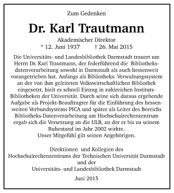 Traueranzeige von Karl Trautmann von Echo-Zeitungen (Gesamtausgabe)