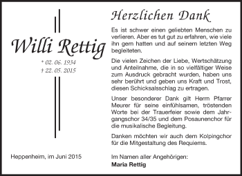 Traueranzeige von Willi Rettig von Starkenburger Echo