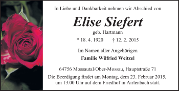 Traueranzeige von Elise Siefert von Odenwälder Echo