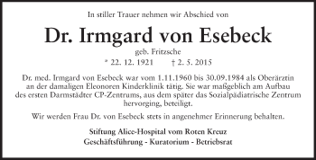 Traueranzeige von Irmgard von Esebeck von Echo-Zeitungen (Gesamtausgabe)