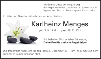 Traueranzeige von Karlheinz Menges von Echo-Zeitungen (Gesamtausgabe)