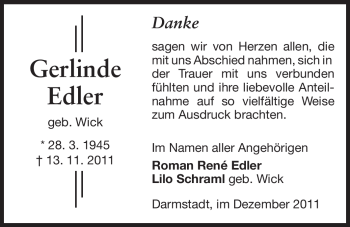 Traueranzeige von Gerlinde Edler von Echo-Zeitungen (Gesamtausgabe)