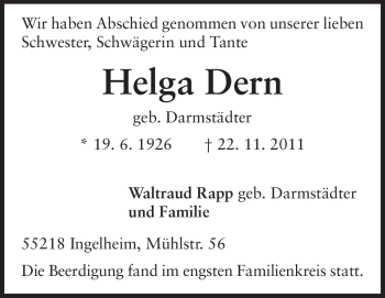 Traueranzeige von Helga Dern von Echo-Zeitungen (Gesamtausgabe)