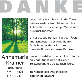 Traueranzeige von Annemarie Krämer von Echo-Zeitungen (Gesamtausgabe)