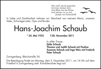 Traueranzeige von Hans-Joachim Schaub von Echo-Zeitungen (Gesamtausgabe)