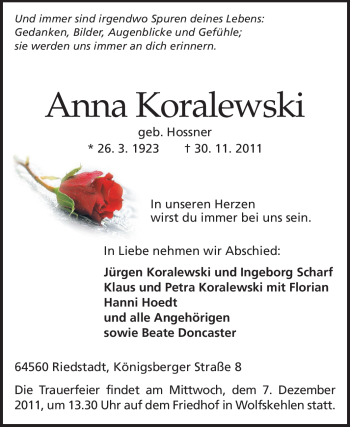 Traueranzeige von Anna Koralewski von Rüsselsheimer Echo, Groß-Gerauer-Echo, Ried Echo