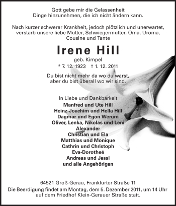 Traueranzeige von Irene Hill von Rüsselsheimer Echo, Groß-Gerauer-Echo, Ried Echo