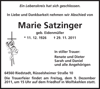 Traueranzeige von Marie Satzinger von Rüsselsheimer Echo, Groß-Gerauer-Echo, Ried Echo