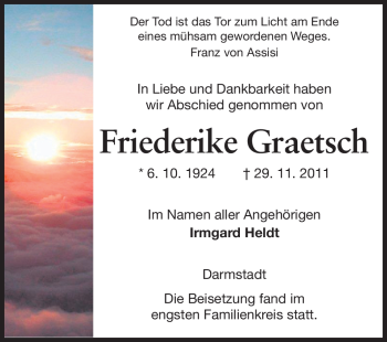 Traueranzeige von Friederike Graetsch von Echo-Zeitungen (Gesamtausgabe)