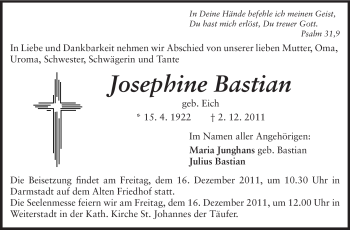Traueranzeige von Josephine Bastian von Echo-Zeitungen (Gesamtausgabe)