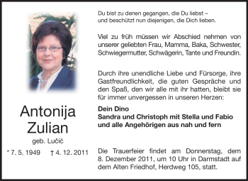Traueranzeige von Antonija Zulian von Echo-Zeitungen (Gesamtausgabe)