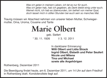 Traueranzeige von Marie Olbert von Odenwälder Echo