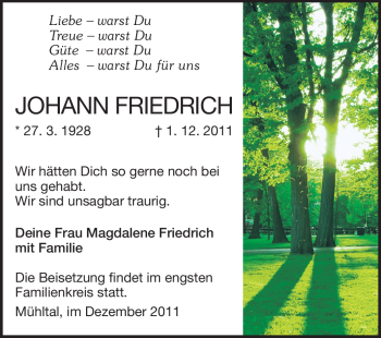 Traueranzeige von Johann Friedrich von Echo-Zeitungen (Gesamtausgabe)