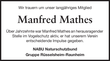 Traueranzeige von Manfred Mathes von Rüsselsheimer Echo, Groß-Gerauer-Echo, Ried Echo